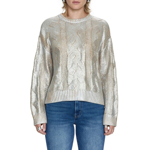pistola Sweaters - Pistola Everly Foil Accent Metallic Cable Knit Cotton Crewneck Sweater Size XS
